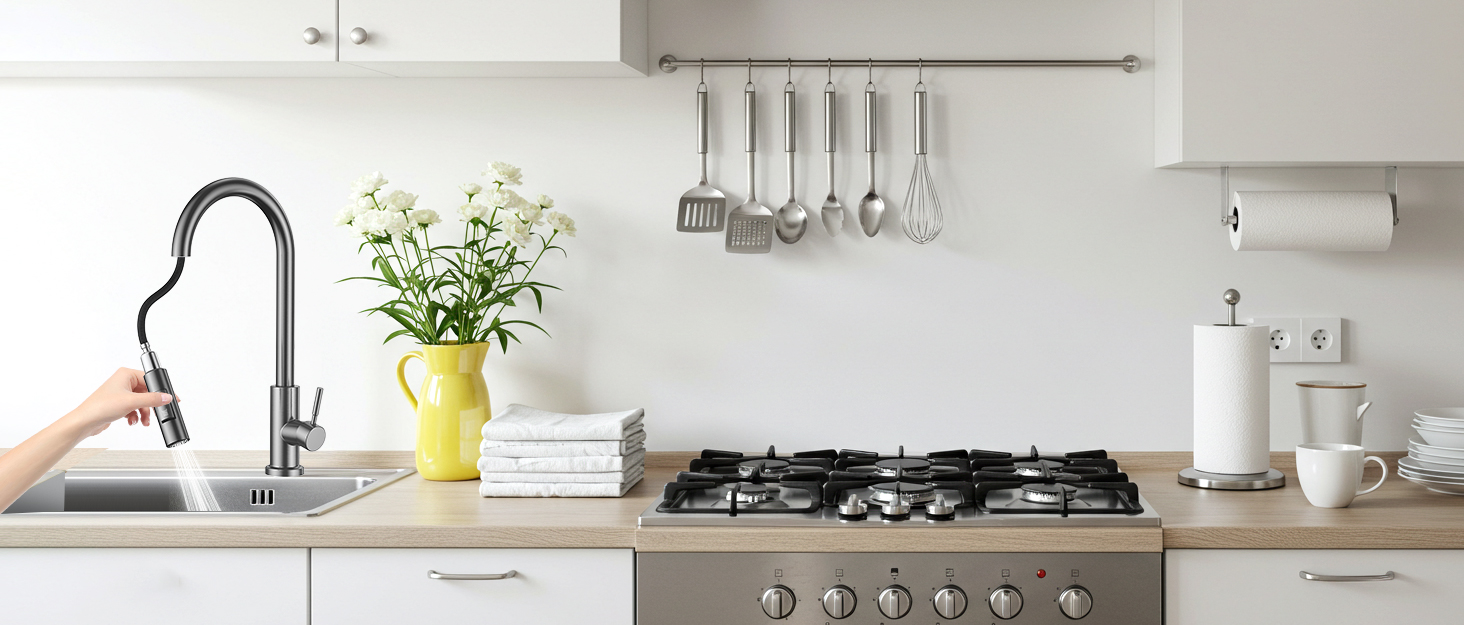 Кухонний змішувач Wasserhahn з висувною лійкою, поворотний на 360°, 2 функції, однорідний, для кухні (сірий)