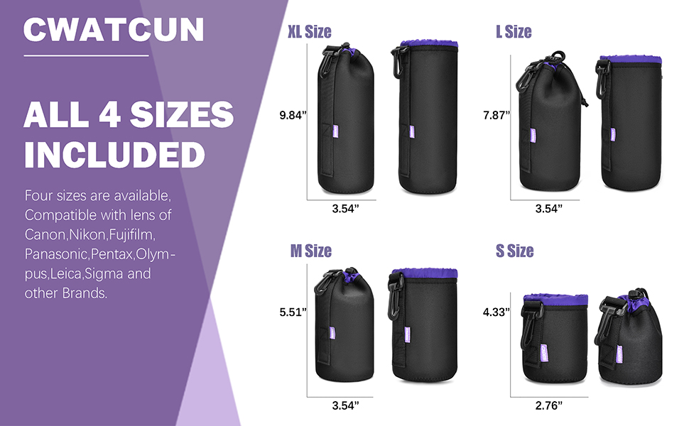 Набір чохлів для об'єктивів Cwatcun з неопрену (4 шт.) - для Canon, Nikon, Sony, Pentax, Panasonic, Fuji, Tamron, Sigma