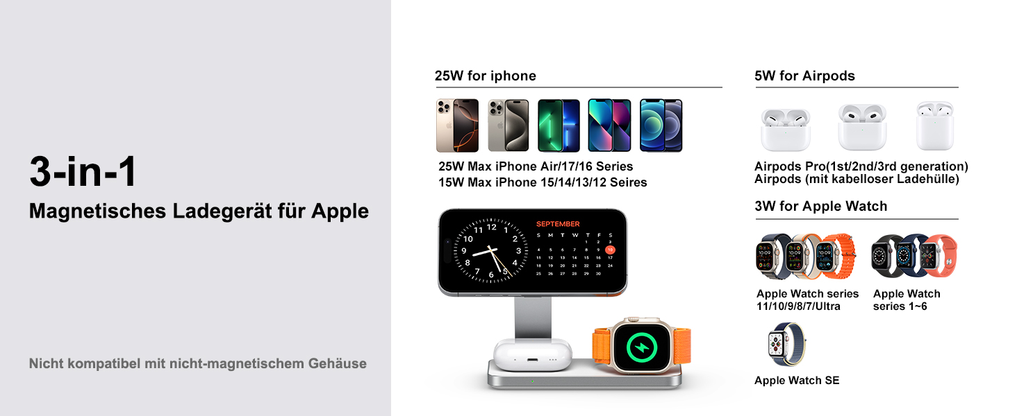 Бездротовий зарядний пристрій 25W MagSafe 3-в-1, складна станція для iPhone 17e/17/16/15/14/13/12/Air, Apple Watch та AirPods Pro (Білий)