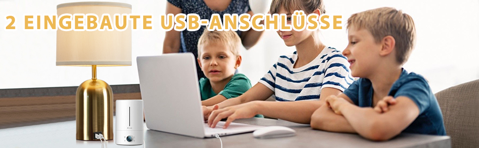 Настільна лампа GyroVu з USB-портом, сенсорним керуванням, 3 рівнями регулювання яскравості, тканинним абажуром та золотим підставою для спальні, вітальні та домашнього офісу