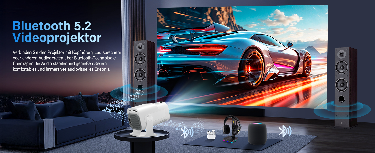 4K проєктор Beamer Full HD 1080P Android: портативний міні-проєктор з WiFi 6, Bluetooth 5.2, 270° обертанням, підтримкою PC/HDMI/USB, з пультом та мишкою, білий
