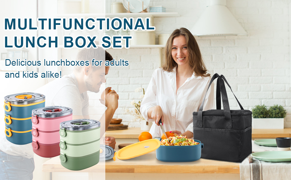 Ланчбокс 3 в 1 з відділеннями, Бенто-бокс 2800мл з сумкою, вилка та ложка, багаторівневий, водонепроникний, для дітей та дорослих, BPA Free, підходить для мікрохвильової печі (зелений)
