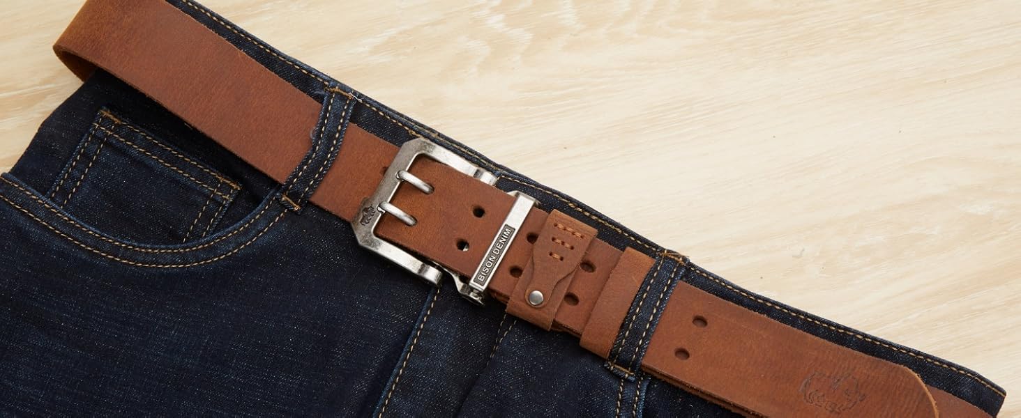 Чоловічий шкіряний ремінь BISON DENIM: класичний, 38 мм, з подарунковою коробкою