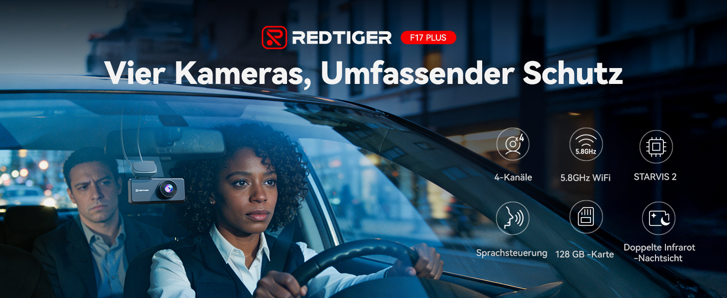 Автомобільний відеореєстратор REDTIGER 4-канальний 2.7K + 3x1080P, сенсорний екран, сенсор STARVIS 2, карта пам'яті 128GB