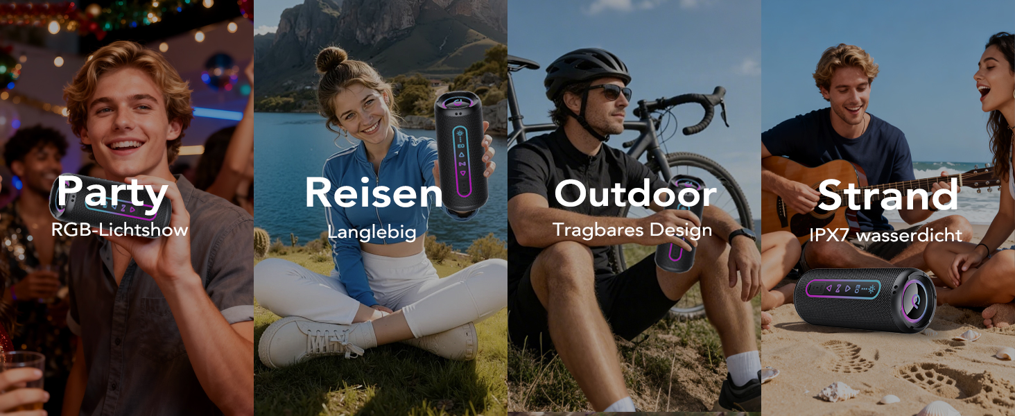 Bluetooth колонка з підсвіткою 25W, Bluetooth 5.4, Dual Bass, 24 год, IPX7 водонепроникна, портативна колонка для вечірок, подорожей, AUX/TF, Чорна