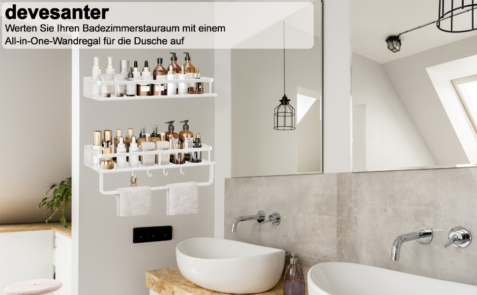 Поличка для душу Devesanter без свердління, 2 шт. з тримачем для рушників та 6 гачками. Органайзер для ванної кімнати, спальні, кухні (40 см, білий)