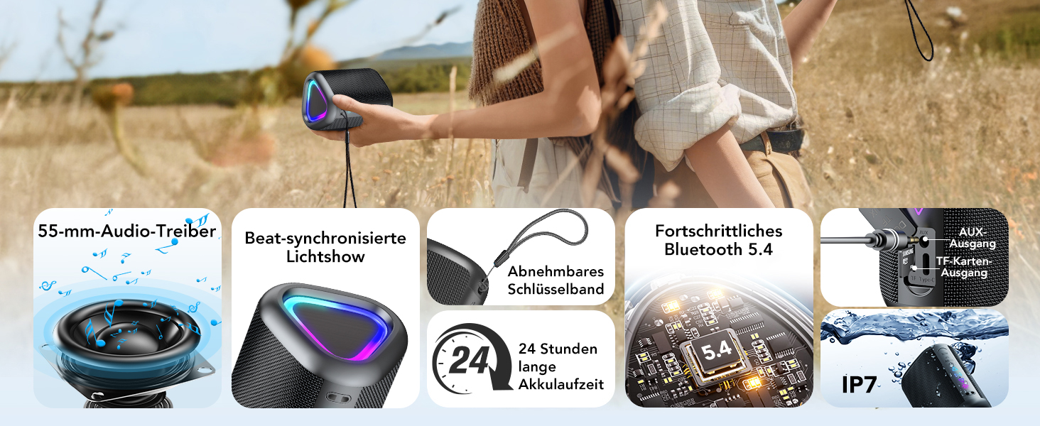Портативна Bluetooth колонка Aowoka з підсвічуванням, 30 Вт, водонепроникна IPX7, покращений бас, для відпочинку, спорту та подорожей. Чорний коленсовий матеріал