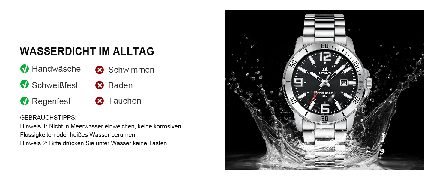 Годинник чоловічий LN LENQIN з нержавіючої сталі, водонепроникний, з датою, кварцовий, аналоговий, бізнес-стиль (сріблястий, чорний)