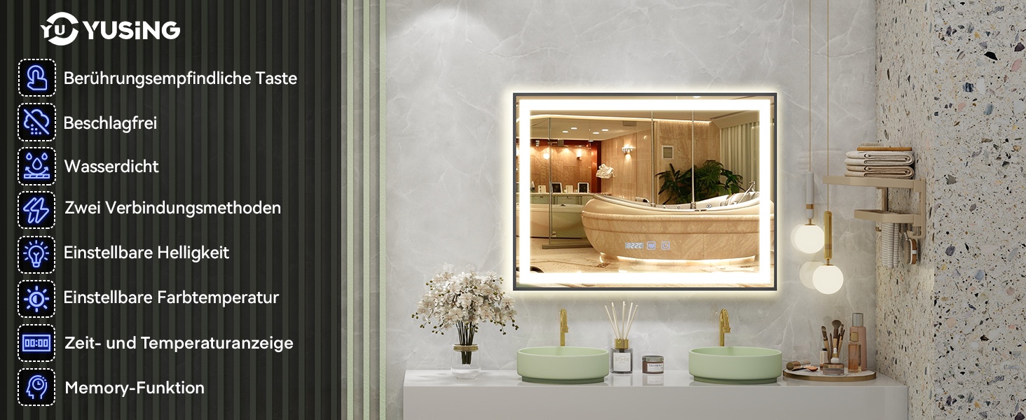 Дзеркало для ванної кімнати YU YUSING з підсвічуванням 60x80 см, антизапар, 3 кольори світла, регулювання яскравості, LED-дзеркало з годинником, IP44, вертикальне, срібло (чорний металевий каркас, 70x50 см)