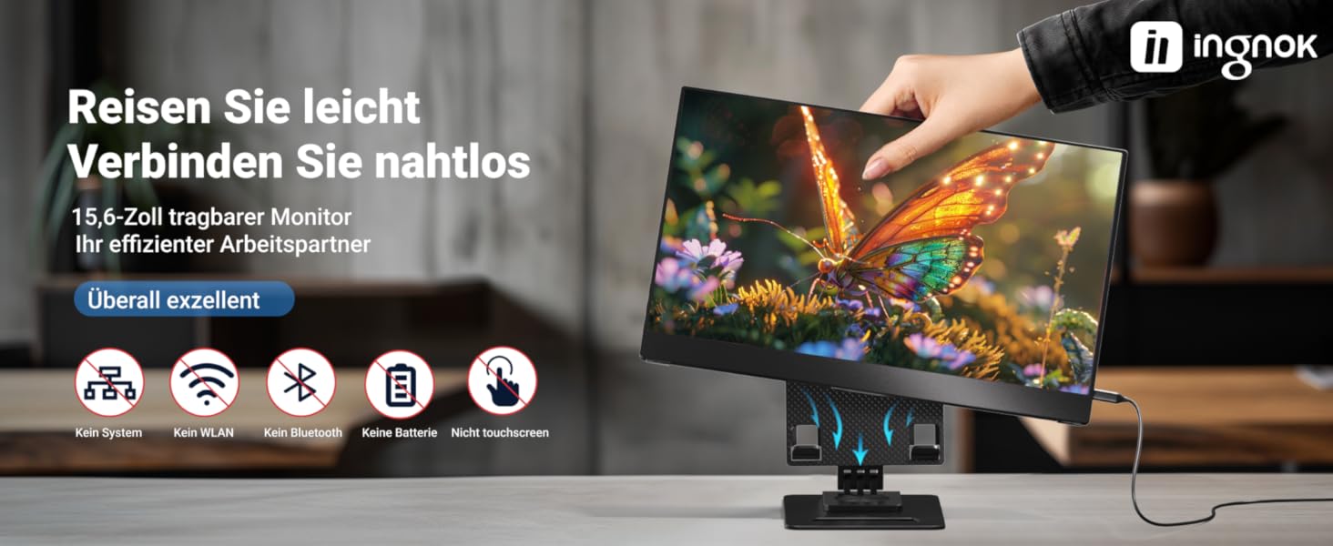 Портативний монітор Ingnok 15.6 дюймів, FHD 1080P IPS з підставкою, для ноутбука, ПК, Mac, PS3/4/5/X-box, USB-C & HDMI, 15.6 (підставка)