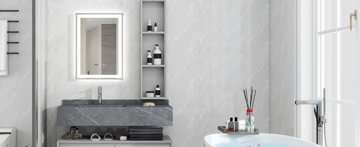 Дзеркало YOURLITE з підсвічуванням 70x50 см, LED дзеркало для ванної кімнати з годинником, сенсорне керування, 3 кольори світла, регулювання яскравості, антизапарник, пам'ять, срібний