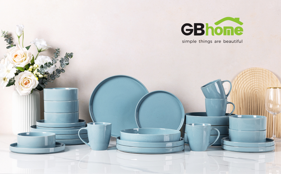 Набір посуду GBHOME для 4 осіб, 12 предметів: тарілки, миски, чашки з глазурованим дном, стійкий до подряпин та сколів, підходить для миття в посудомийній машині та використання в мікрохвильовій печі, блакитний колір