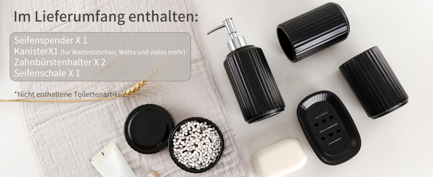 Набір для ванної кімнати NOVAJOY (5 шт.) з кераміки: органайзер, дозатор мила, мильниця, тримач для зубних щіток, контейнер для ватних паличок. Чорний колір.