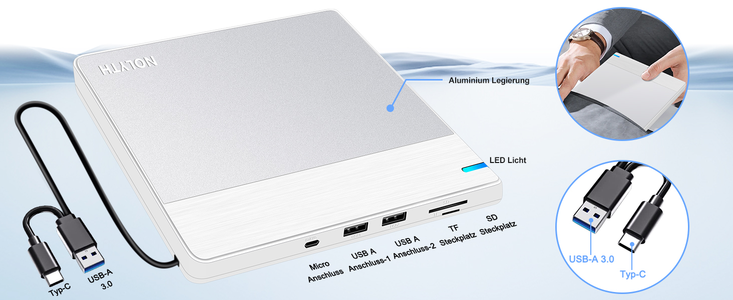 Зовнішній DVD-накопичувач для ноутбука Ultra Slim: портативний CD/DVD привід USB з картридером SD/TF для Mac, MacBook, Windows