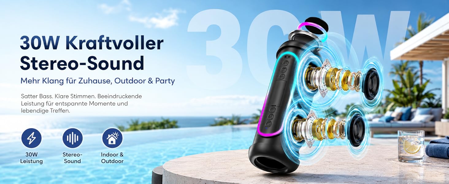 Портативна Bluetooth колонка UOHHBOE 30W, чорна: музика до 30 годин, RGB підсвічування, IPX5 водонепроникність