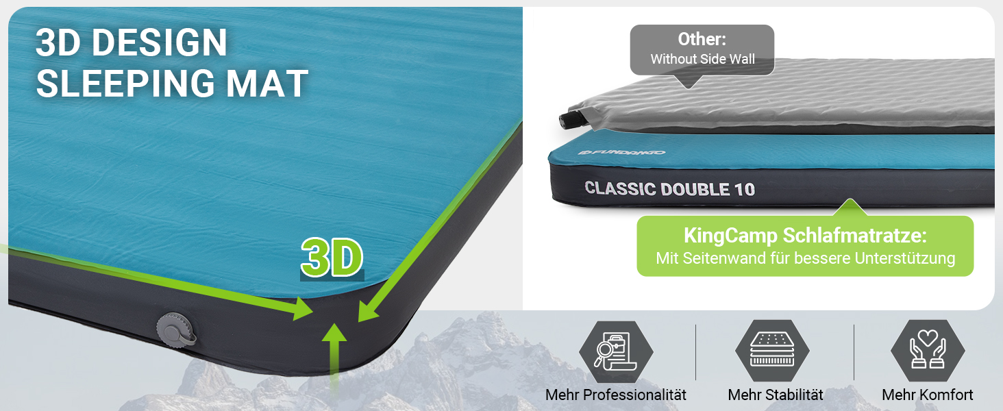 Килимок для кемпінгу Fundango самонадувний, 9.5 R-значення, піна-пам'ять, 10 см товщина, 3D посилення, м'яка оксамитова поверхня, для намету, подорожей на авто (одинарний та подвійний розмір)