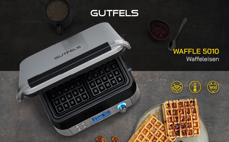 GUTFELS WAFFLE 5010 Electric Waffle Maker with Non-Stick Plates, Timer, Display, Overflow Protection, 5 Programs, and Overheat Protection