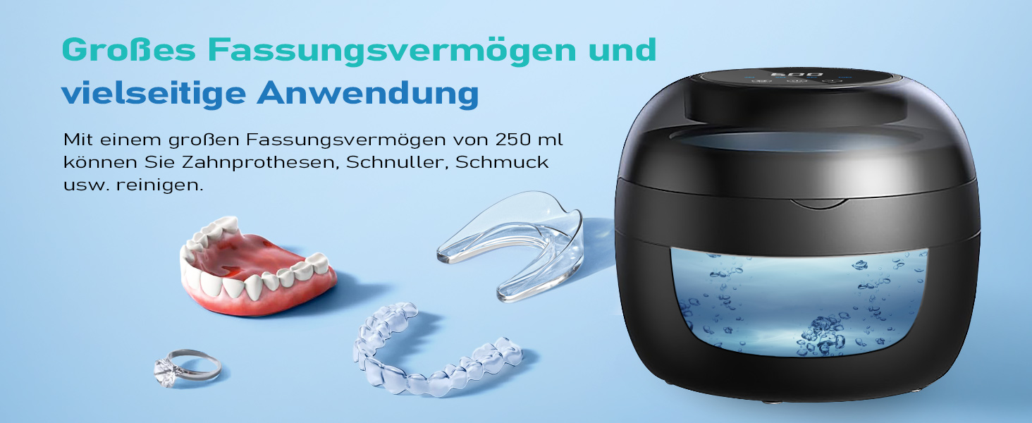 Ультразвуковий очищувач для стоматології 50kHz, 250мл з УФ-лампою (6 ламп) для брекетів, кап, ретейнерів, зубних протезів, елайнерів та ювелірних виробів, чорний