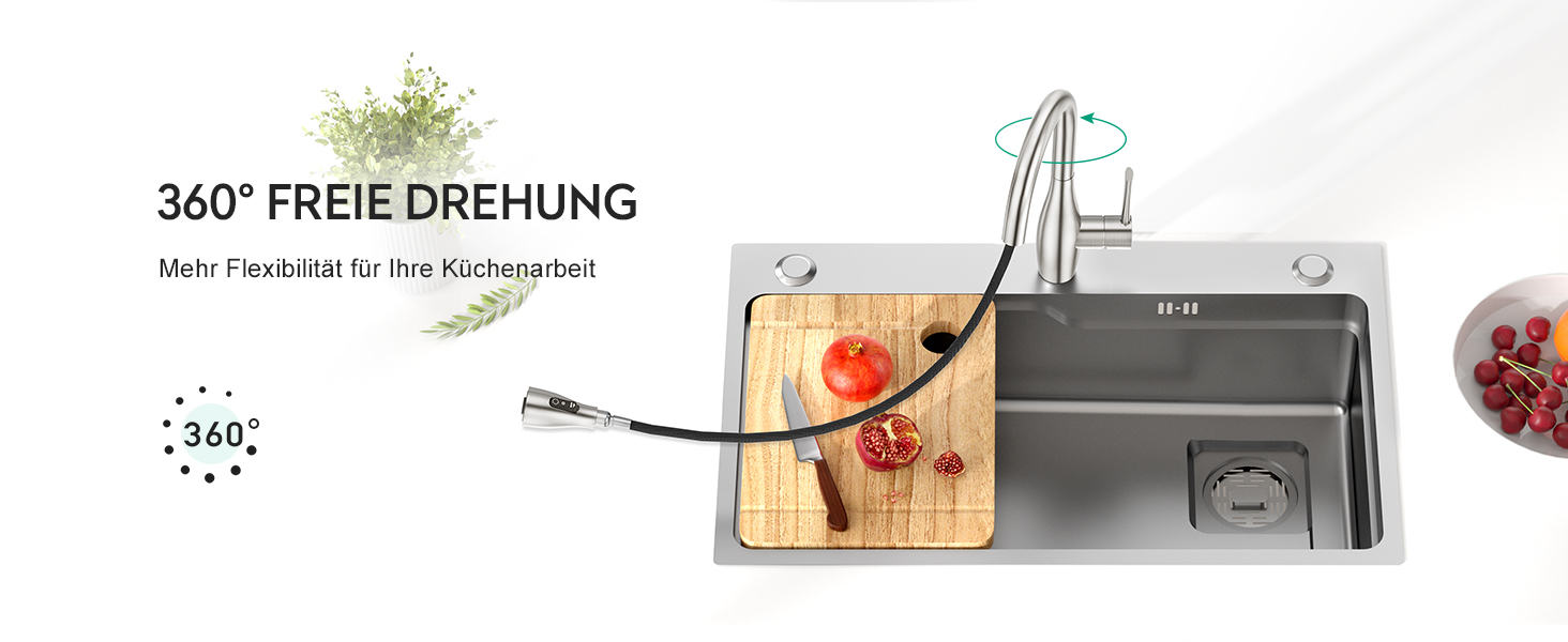 Кран кухонний CREA з 3 функціями: душ, висувна лійка, поворот 360°, нержавіюча сталь