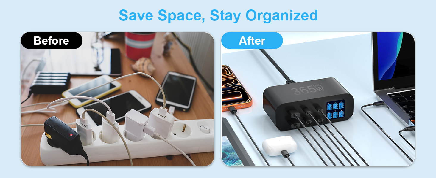 Зарядний пристрій USB-C 365W YSYFAD з 6 портами, PD 100W, QC 3.0, LED індикатор - для MacBook, ноутбуків, iPhone, iPad (Чорний)