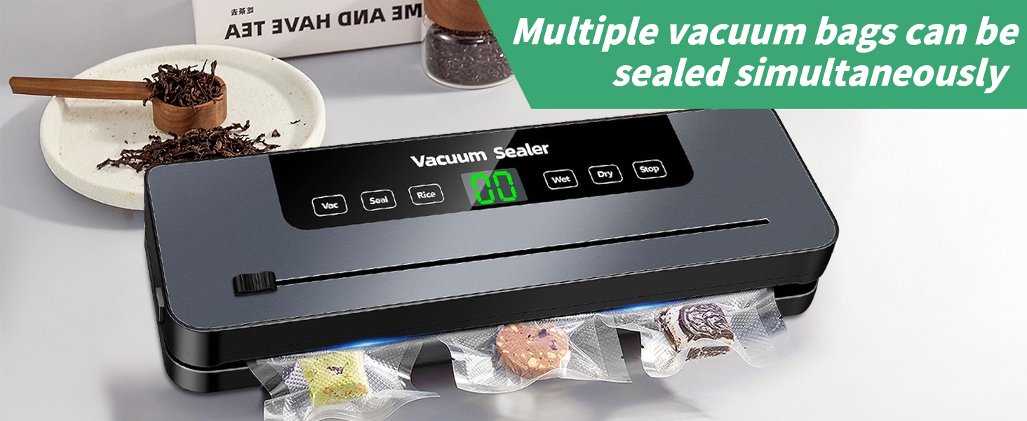 Вакуумний пакувальник 6-в-1 з цифровим LED-дисплеєм та 30 см зварювальною лінією, 50 шт. вакуумних пакетів, зовнішній шланг, для сухих та вологих продуктів, срібла