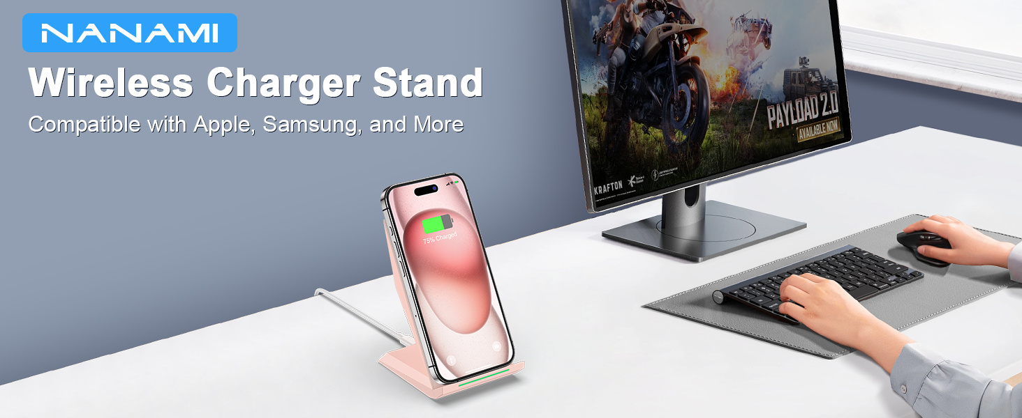 Бездротовий зарядний пристрій NANAMI Qi з USB-C (20W PD), сумісний з iPhone 17/16/15/14/13/12 Pro Max XR 8 та Samsung Galaxy S25/S24/S23/S22 (рожевий)