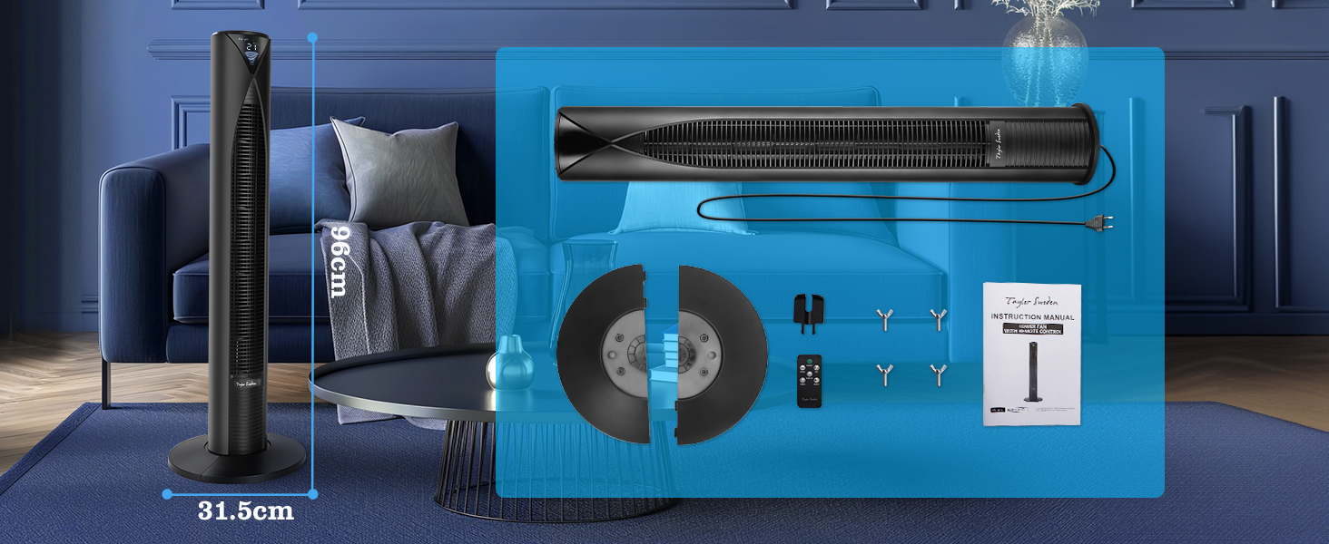 Вентилятор Tower Taylor Swoden 20dB з пультом, 96 см, 4 режими, 12 год таймер, 45W, чорний - для дому та офісу