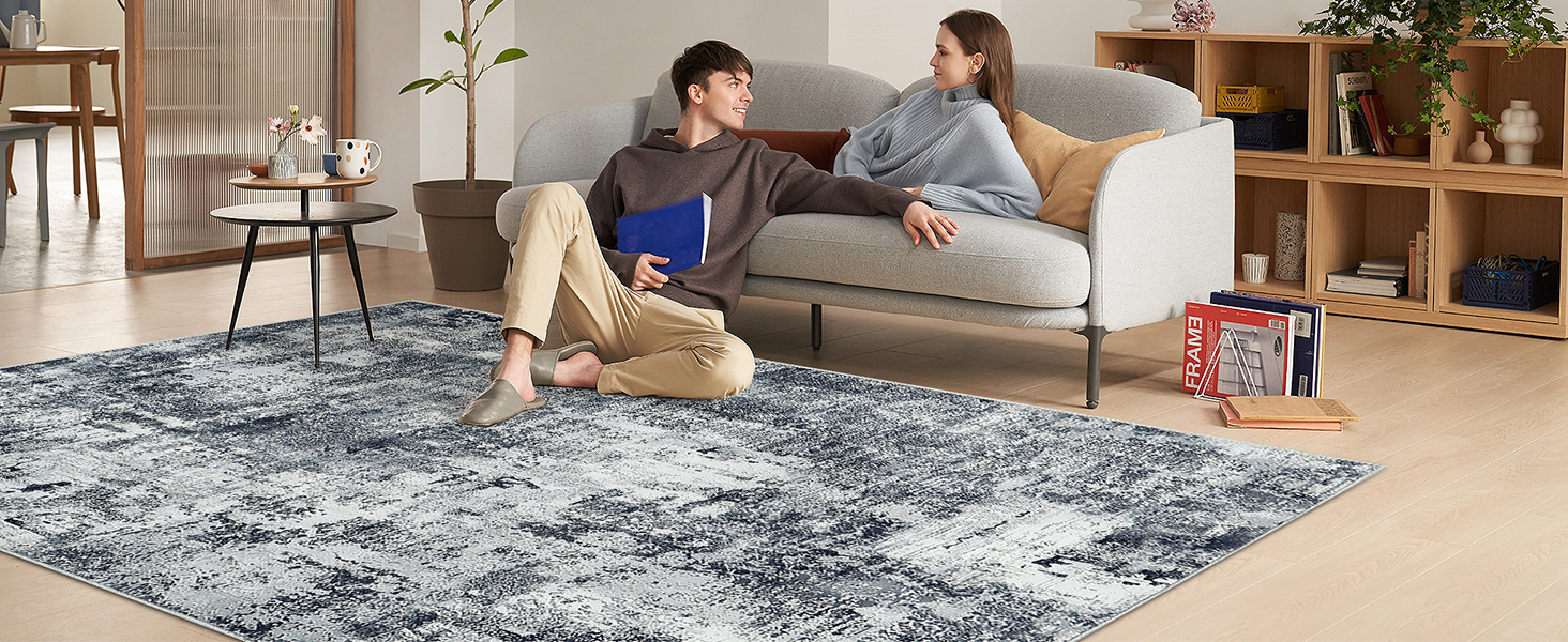 Килим для вітальні та спальні 160x230 см, сірий, короткий ворс, абстрактний, вінтажний дизайн, легко миється, не слизький