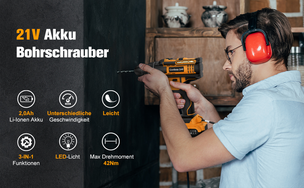 Акумуляторний шуруповерт AKZWOXRO 21V з 2 акумуляторами 2.0Ah, 42Nm, 2 швидкості, 25+3 ступені крутного моменту, патрон 10мм, LED ліхтик, 30-ти елементний набір для дому та саду, DIY проєкти