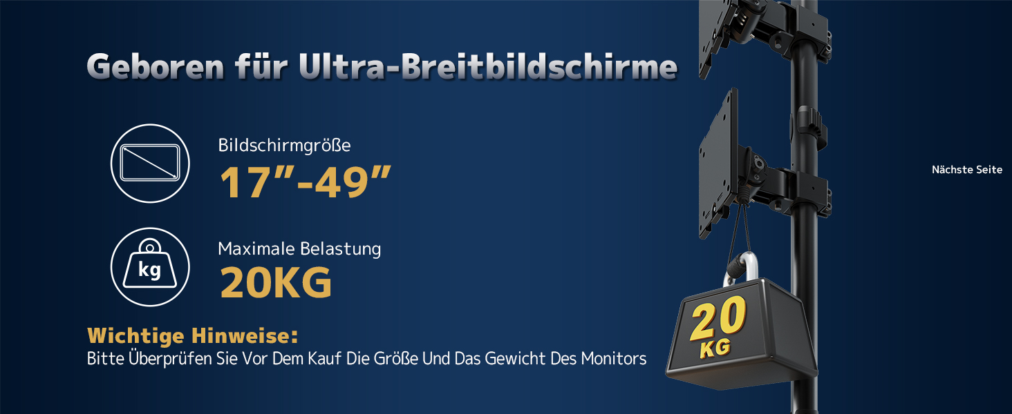 Кріплення для монітора 2 шт. один над одним, 17-49 дюймів, плоскі та вигнуті екрани, вертикальне кріплення, регулювання висоти, 20 кг на кріплення, VESA 75/100 мм, чорний