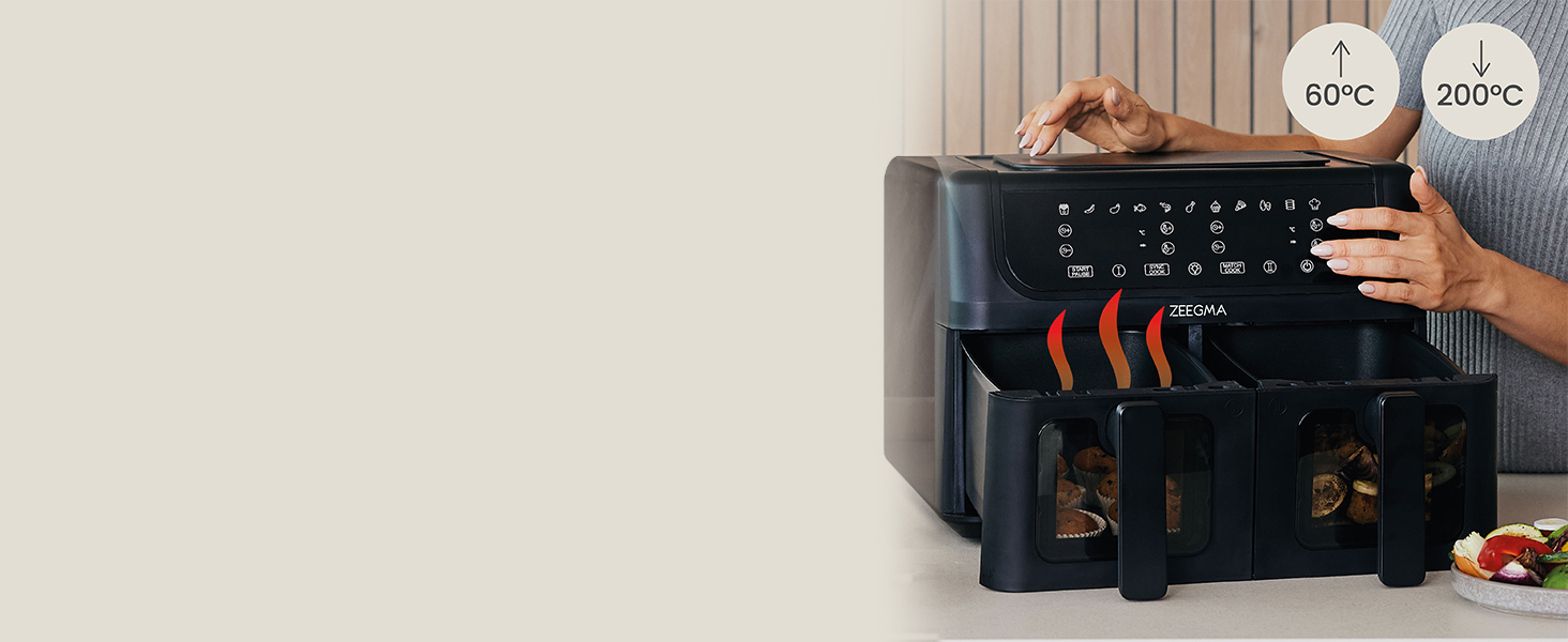 Фритюрниця з гарячим повітрям ZEEGMA KNAPPER DUAL, 1700 Вт, 2 відсіки, 9 л, таймер 60 хв, 11 програм, 60-200 °C, швидкий нагрів, сенсорне керування, чорний