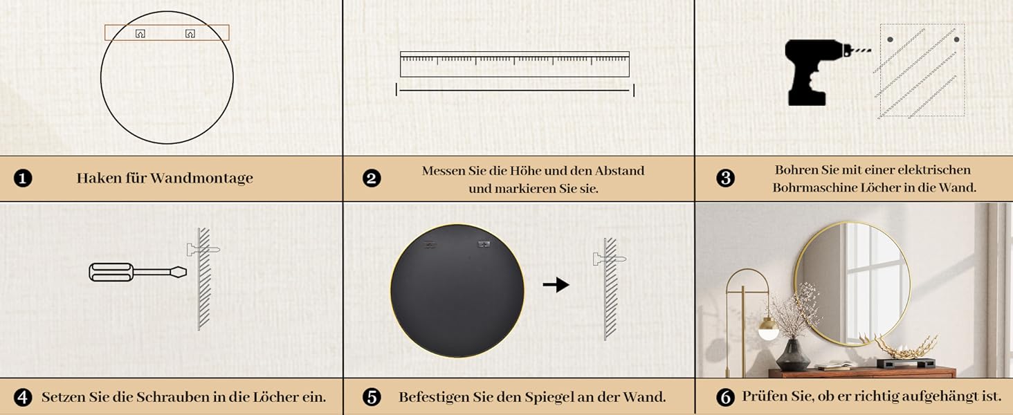 BEAUTYPEAK Дзеркало кругле 60 см з декоративним алюмінієвим каркасом, безпечне для ванної кімнати, для спальні, вітальні (106x106 см, золото)