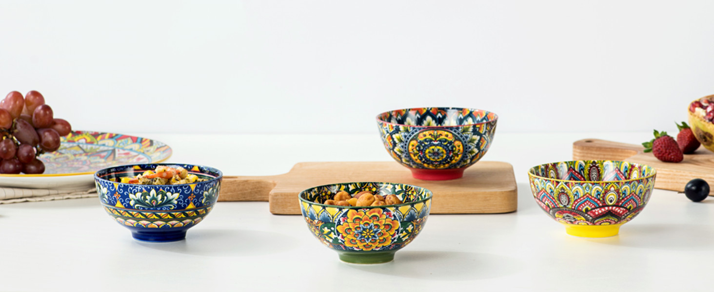 Набір супових тарілок Henten Home, 4 шт. - 360 мл, кераміка, для супу, десерту, морозива, богемний стиль