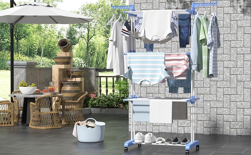 Сушарка для білизни турбо тип, сушарка для одягу з 6 відкидними крилами та 2 боковими крилами, мобільна сушарка для білизни на коліщатках для дому та вулиці, блакитна