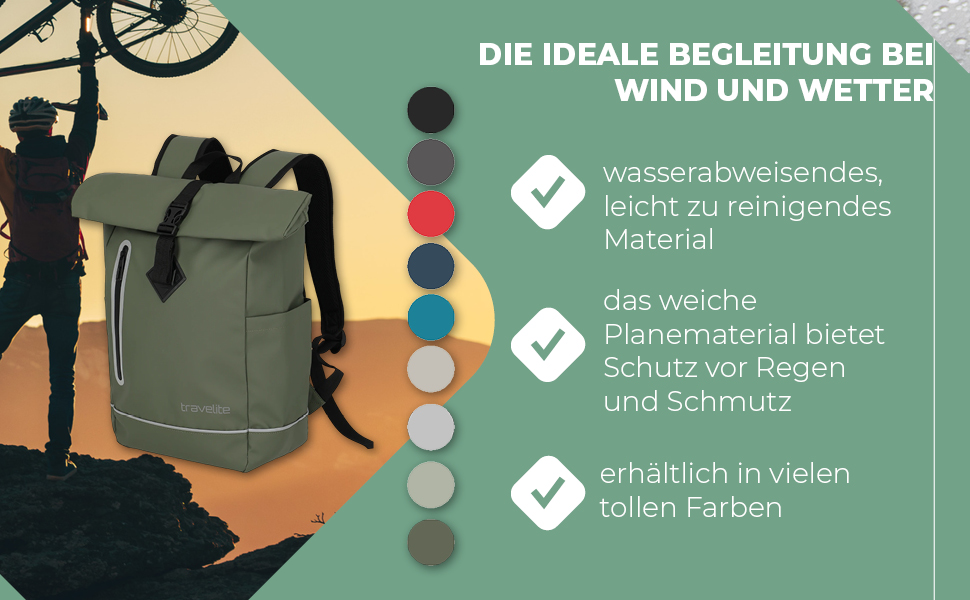 Рюкзак Travelite BASICS Rolltop 19 л, водонепроникний, велосипедний, з відбивачами, оливковий, 48 см