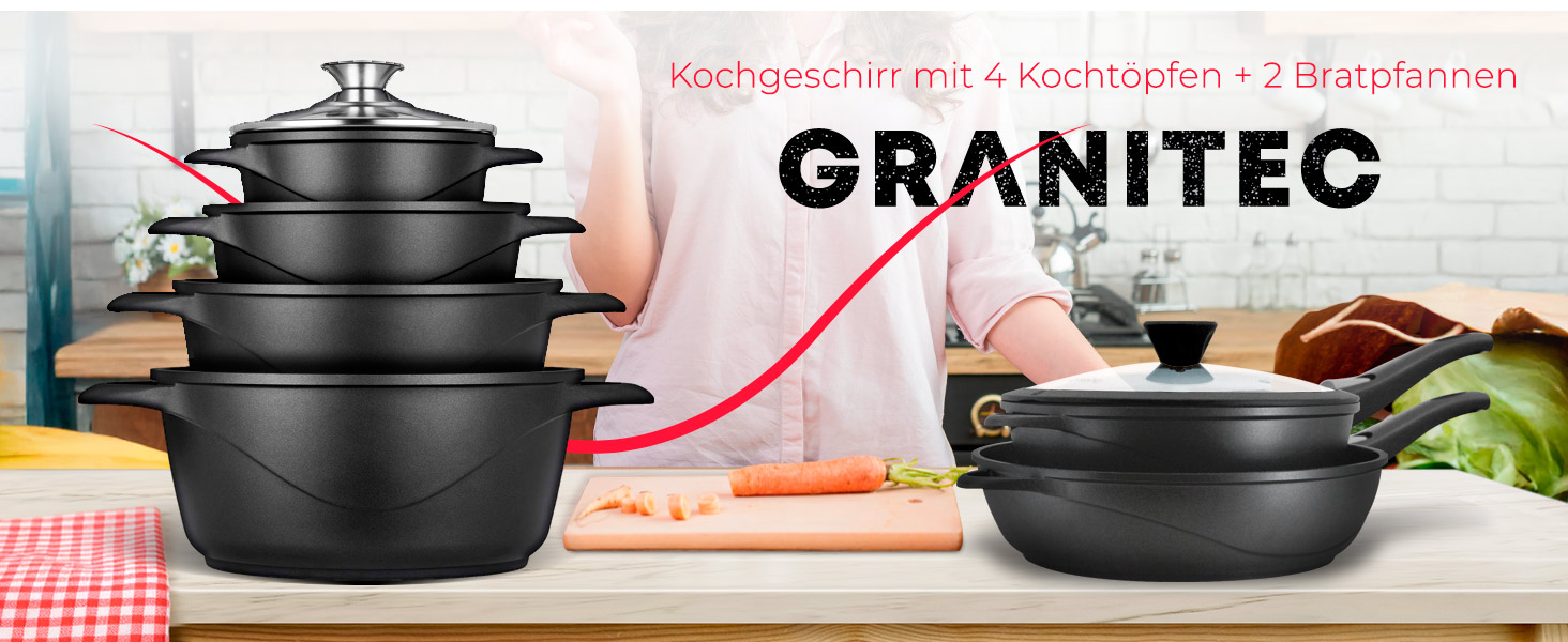 Набір посуду Induktion BRIEBЕ 12-ти частинний: 4 казани з алюмінію, 2 сковорідки з антипригарним покриттям ILAG GRANITEC (без PFOA), кришки зі скла, рукавички з силікону. Підходить для індукційних, газових плит та духовки.