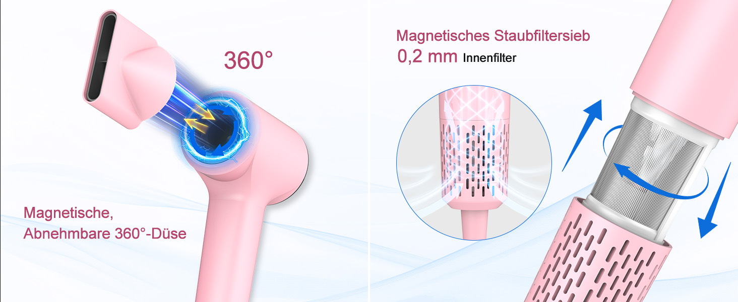 Фен для волосся з плазмою та безщітковим мотором 110 000 об/хв, швидке сушіння, тихий, з магнітною насадкою, для дому та подорожей (Темний, Рожевий)