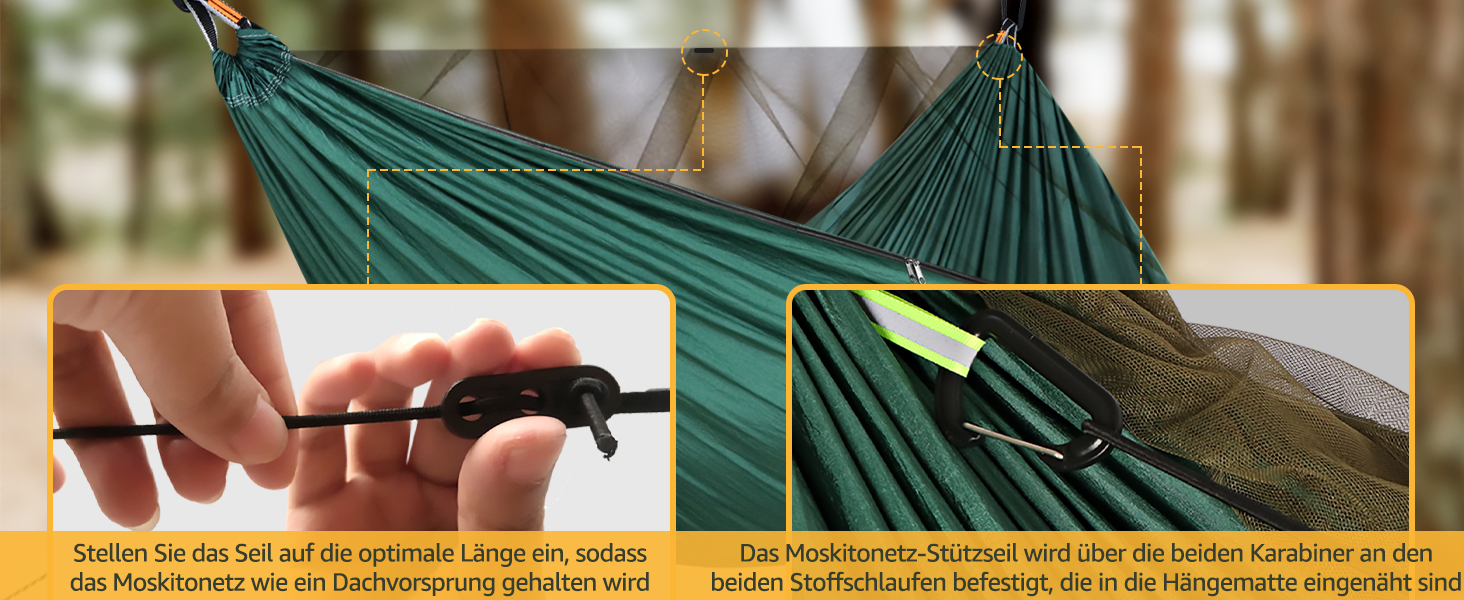 Гамак для кемпінгу NatureFun з москітною сіткою | Макс. навантаження 300 кг, 290 x 140 см | Швидковисихаючий нейлон, повний комплект, чорний