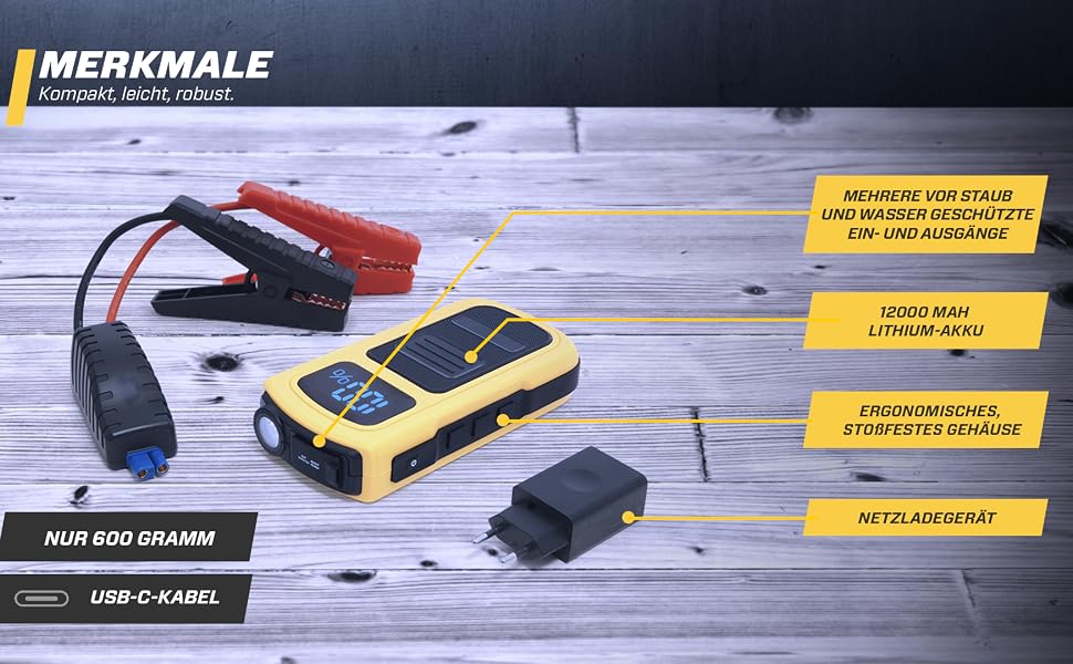 Бустер для автомобіля MAXTOOLS JS500 2200A 22Ah, пусковий пристрій (джампстартер) для 12V дизельних та бензинових двигунів, Powerbank з LED-ліхтарем та USB