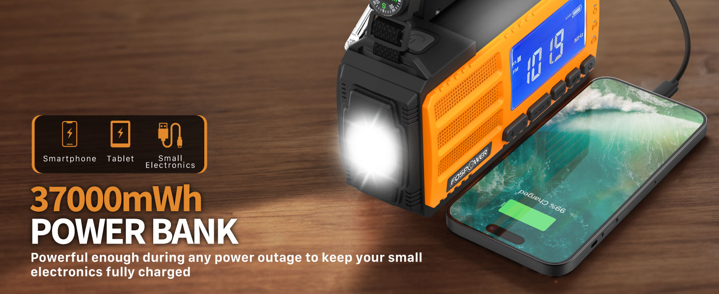 Радіо FosPower для надзвичайних ситуацій NOAA/AM/FM з акумулятором 10000mAh - зарядка USB/Solar/ручка, батарейне живлення, SOS-сигнал та ліхтарик для надзвичайних ситуацій в приміщенні та на вулиці, оранжевий