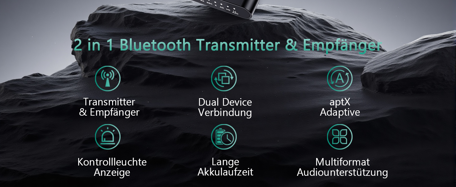 ORIA Bluetooth 5.3 Аудіоадаптер 2-в-1: для стереосистем, навушників, колонок, ноутбуків. Зарядка Type-C (Чорний)