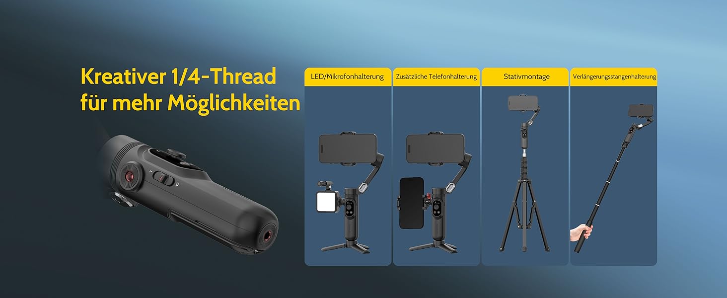 Стабілізатор для смартфона AOCHUAN 3-осьовий з функцією розпізнавання обличчя, вбудованим світлом та 1/4 дюйма різьбою. Підходить для iPhone 16/15 Pro, Android, TikTok-влогів. Чорний.