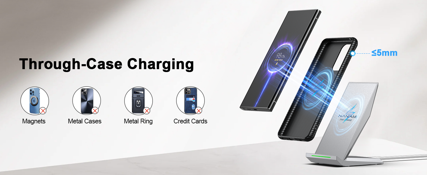 Бездротовий зарядний пристрій NANAMI для iPhone 17/16/15/14/13/12/11 Pro Max/XS/XR/X/8+, Samsung Galaxy S26/S25/S24/S23 - Швидка індуктивна зарядка, сріблястий колір