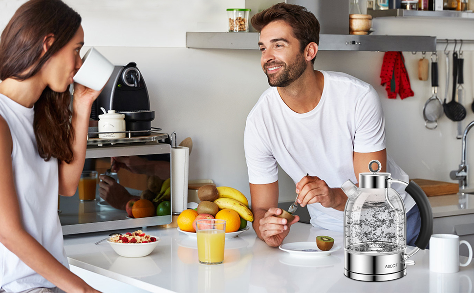 Електричний чайник зі скла ASCOT, 2200W, 1.5L, без BPA, тихий, з функцією автоматичного відключення та захистом від сухого кипіння, білий (сріблястий)