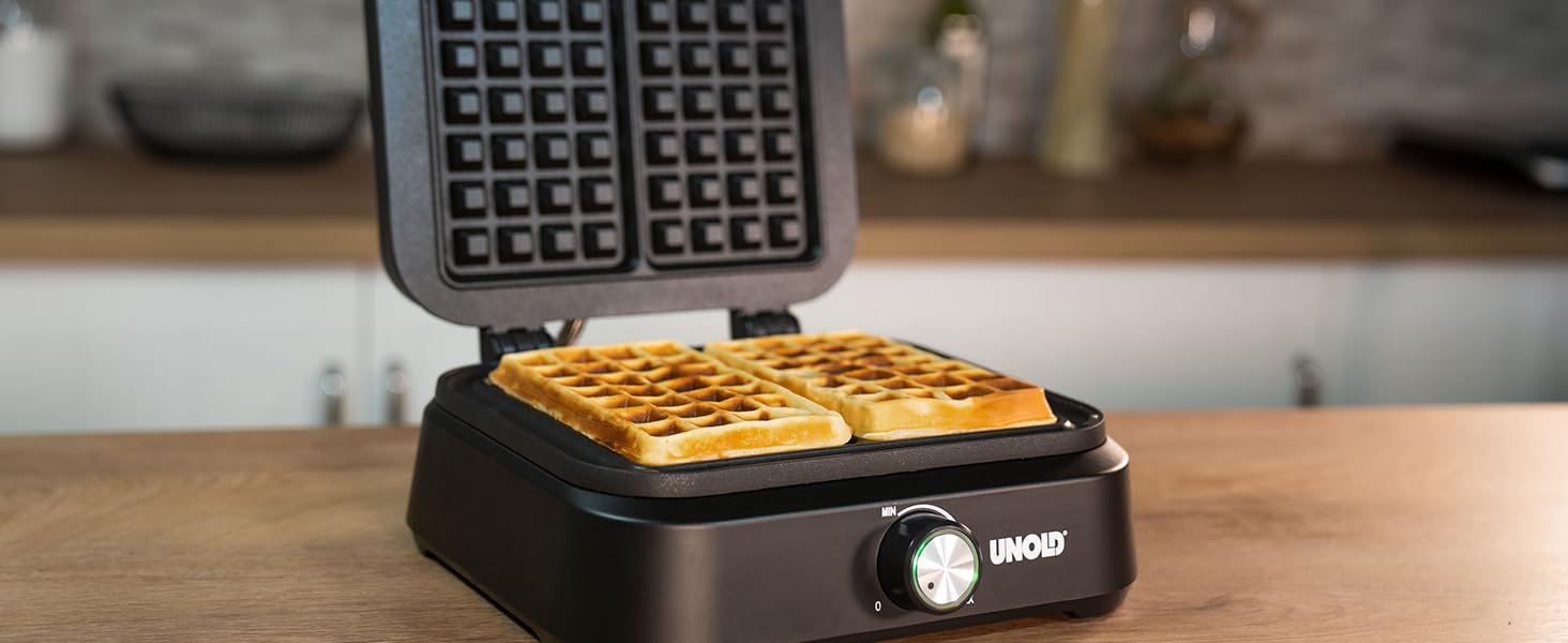 Вафельниця Unold 48275 Belgisches Waffeleisen Brüssel: подвійний автомат, регулювання температури, антипригарне покриття, 1500 Вт, чорний