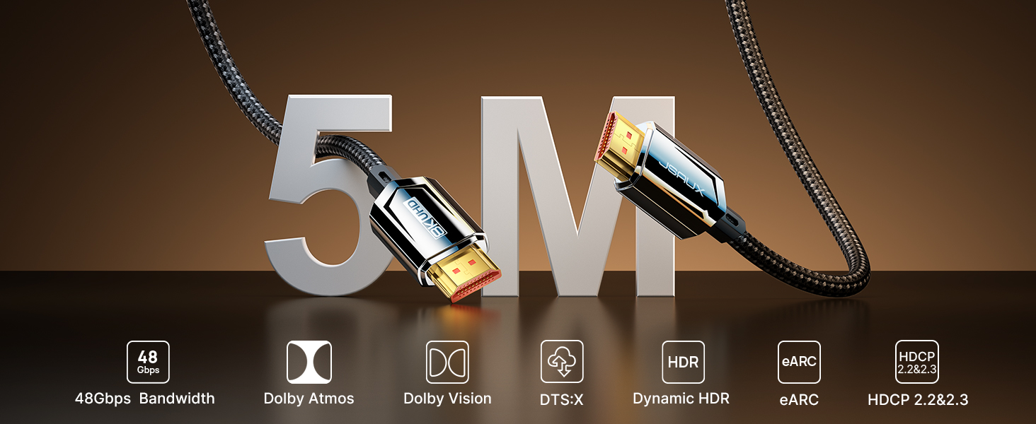 Кабель HDMI 8K JSAUX 5м, HDMI 2.1, Ultra High Speed 48Gbps, 8K@60Hz, 4K@120Hz, eARC, HDR10, HDCP 2.2/2.3, 3D, сумісний з PS5/PS4/X-Box/UHDTV/Blu-ray Player/Монітор, чорний