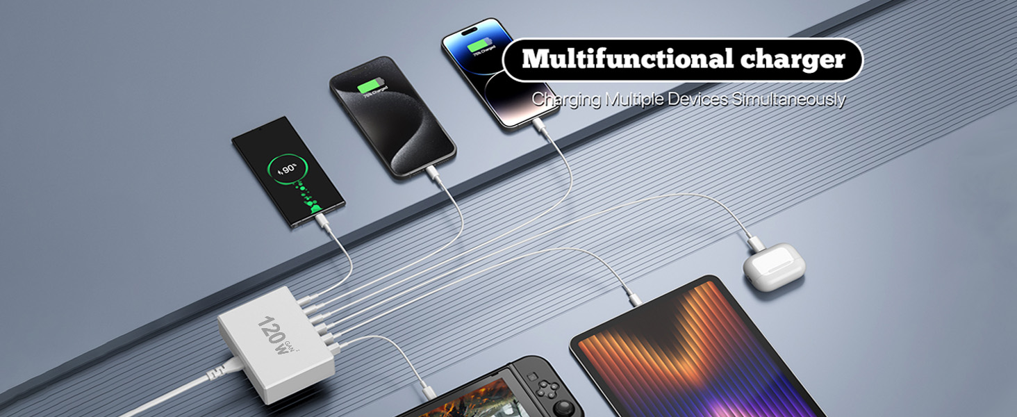 Зарядний пристрій USB-C 120W GaN, 6 портів, для iPhone/Samsung/Google/планшетів, білий