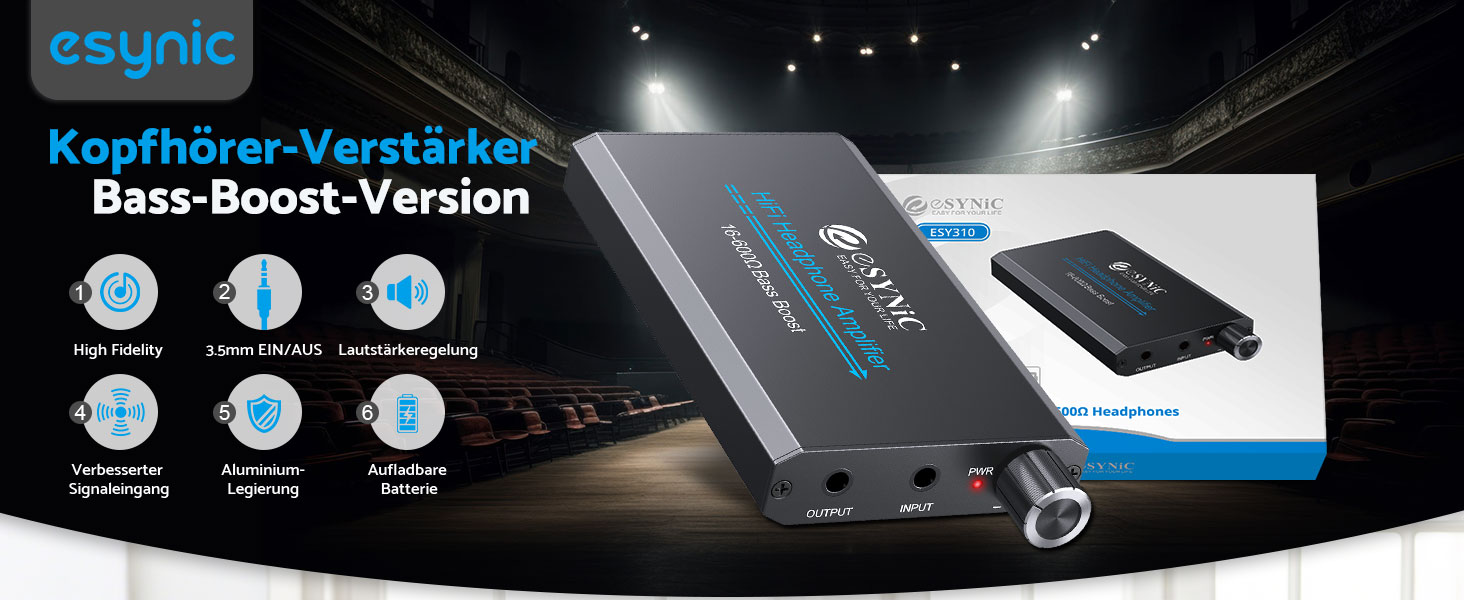 eSynic Підсилювач для навушників HiFi – портативний, 3.5mm AUX, 1000mAh, для MP3/MP4/Smartphone/PC, підходить для навушників 16-600 Ом, алюмінієвий корпус