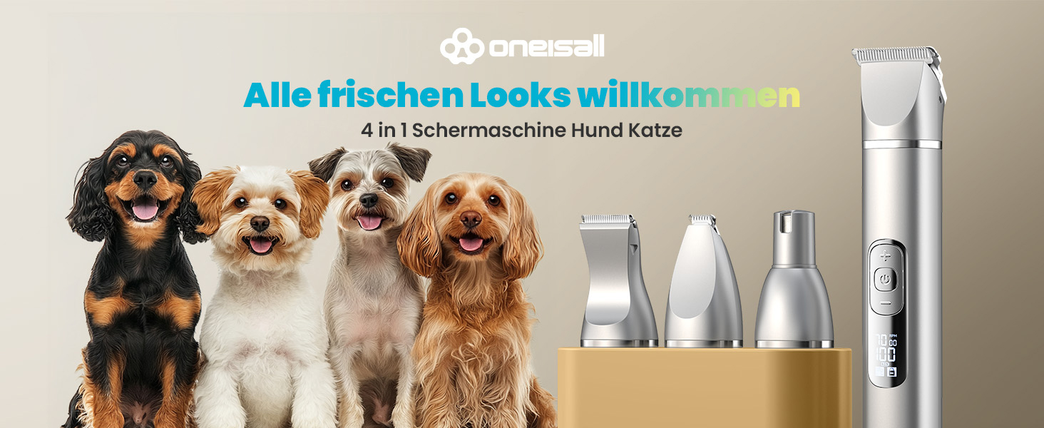 Набір для стрижки собак 4-в-1 Oneisall: стрижка, триммінг, шліфування кігтів. Тиха машинка для собак та котів з LCD-дисплеєм. Ідеально для тіла, лап, очей, вух, обличчя.