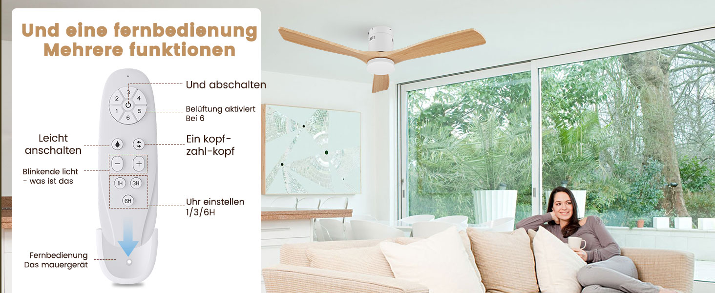 Стеляний вентилятор Holz з підсвічуванням, регулюванням яскравості LED 24W, тихий DC-двигун 38W, діаметр 132 см, з пультом дистанційного керування та таймером, 6 швидкостей, дерев'яний дизайн